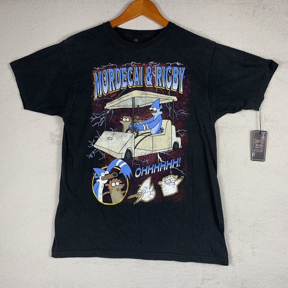 Regular Show Mordecai & Rigby Shirt Mens Large Black Golf Cart Graphic Tee